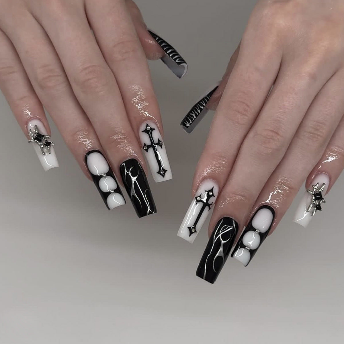 Gothic Elegance Long Square Black and White Press On Nail Set with Unique Cross Design