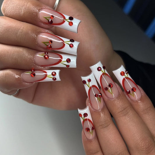 Chic Cherry Blossom Long Square White and Red Press On Nail Set with Rhinestone Accents