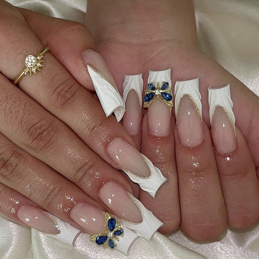 Elegant Floral Fantasy Long Square White and Clear Press On Nail Set with Blue Gemstone Accents