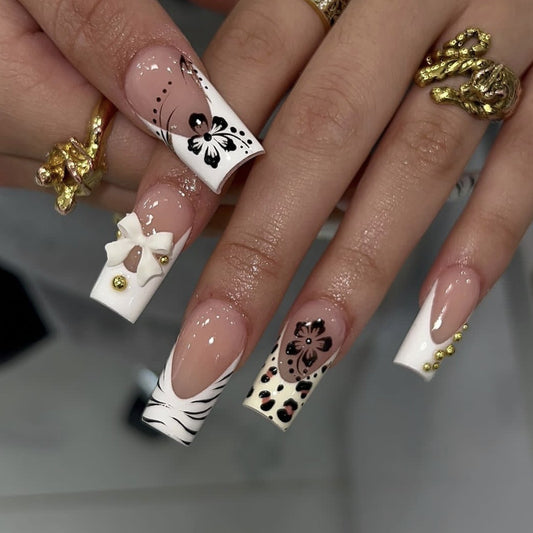 Tropical Paradise Long Square White Floral Press On Nail Set with 3D Bow Accents and Animal Print Details