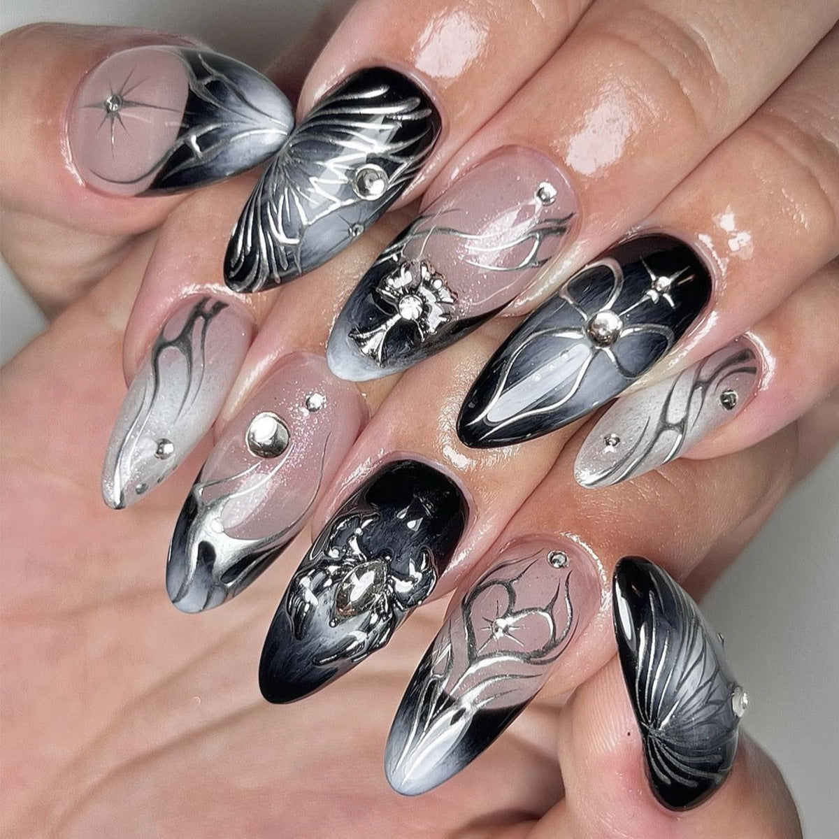 Mystical Butterfly Fantasy Long Almond Press On Nail Set Gray Black Clear with Gemstone Accents