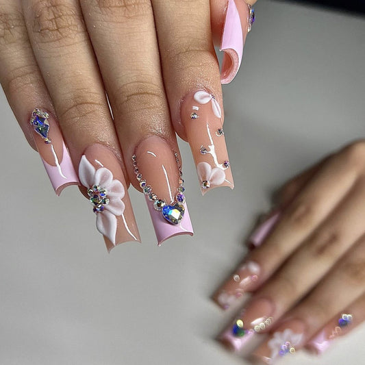 Floral Elegance Long Square Pink Press On Nail Set with 3D Flower Designs and Rhinestone Accents