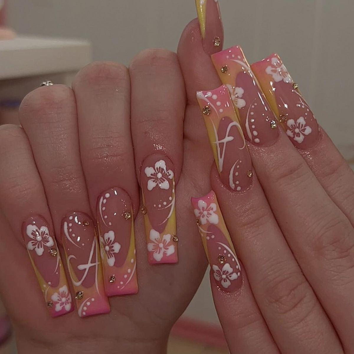 Blooming Blossom Long Square Pink and Yellow Press On Nail Set with Floral Design and Gold Accents