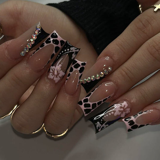 Glamorous Animal Print Long Square Press On Nail Set in Black and Pink with Rhinestone Accents