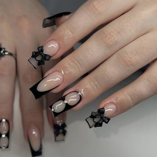 Chic Elegance Long Square Black and Beige Press On Nail Set with Bow and Gem Accents