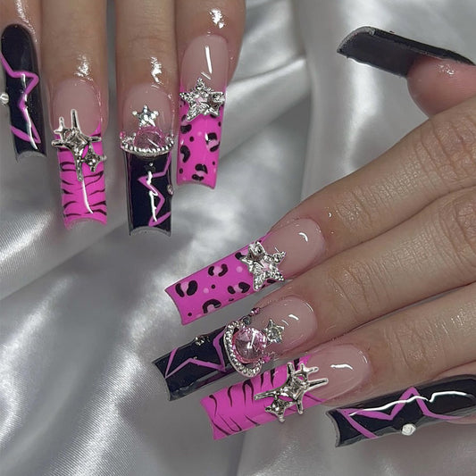 Bold Glamour Long Square Pink and Black Press On Nail Set with Star and Jewel Accents