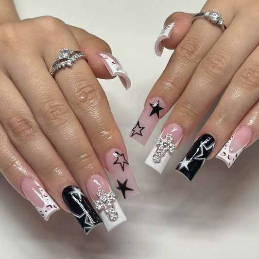 Glamorous Starry Nights Square Press On Long Nail Set in Pink Black and White with Sparkling Cross and Star Designs