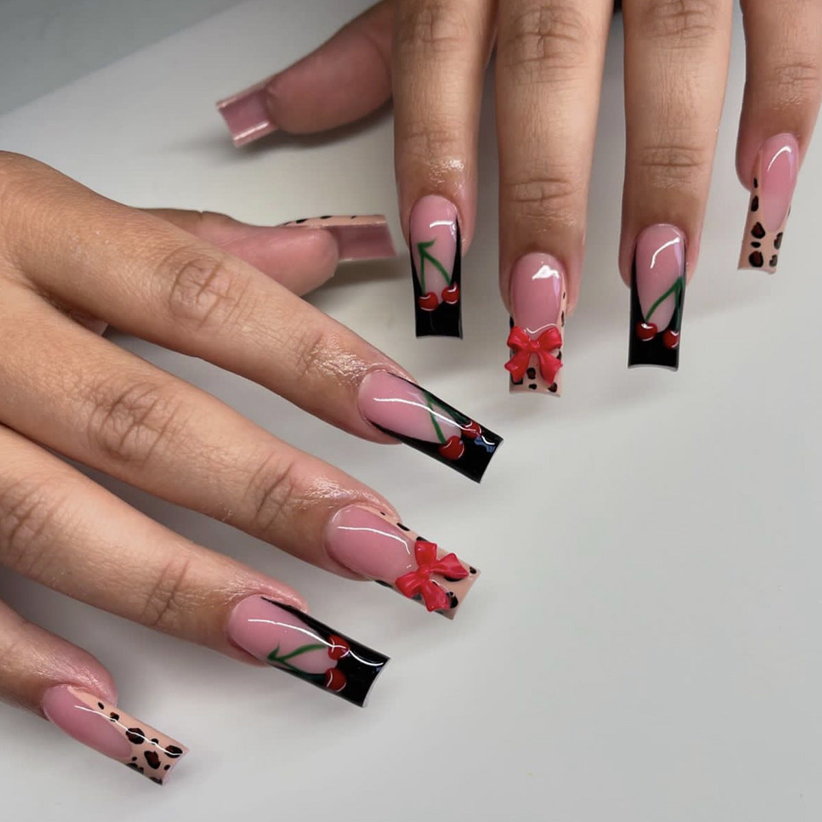 Cherry Blossom Fantasy Long Square Pink and Black Press On Nail Set with Floral and Animal Print Design