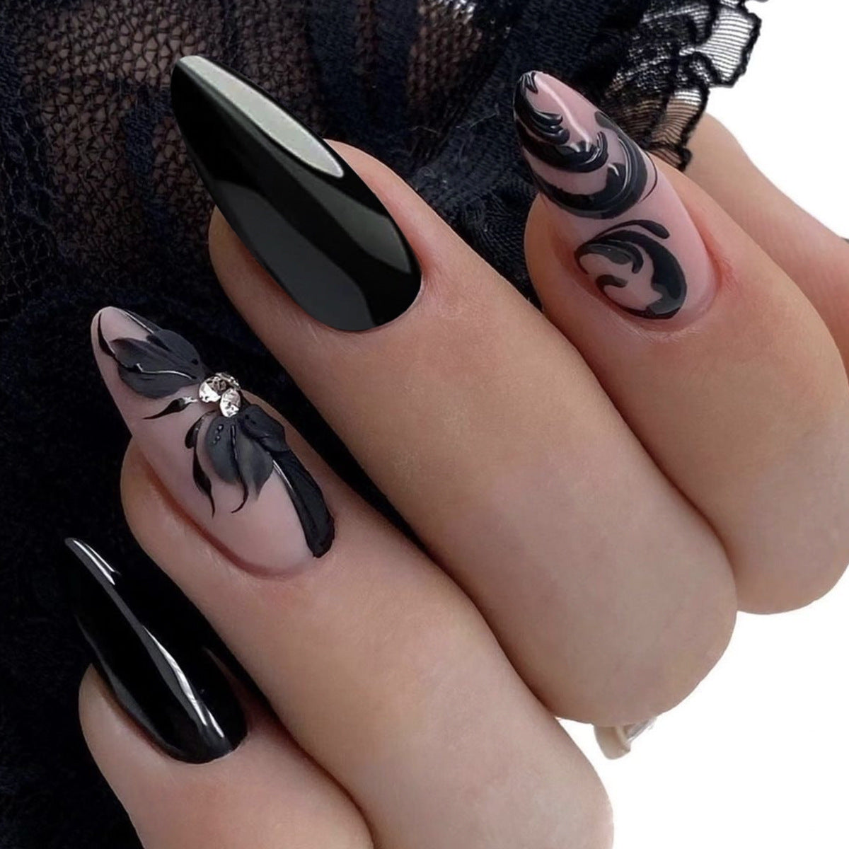 Gothic Elegance Long Almond Black Press On Nail Set with Intricate Floral Design and Rhinestone Accent