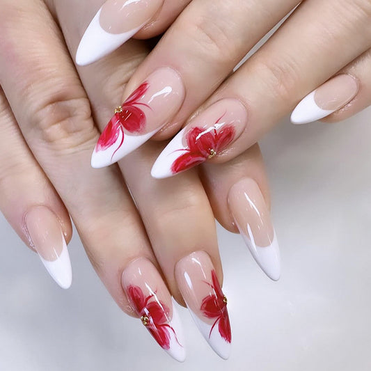 Tropical Floral Elegance Long Almond White Ombre Press On Nail Set with Handpainted Red Flowers and Gem Accents