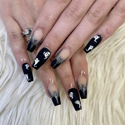 Spooky Halloween Long Coffin Black Press On Nail Set with Ghost and Spider Web Design