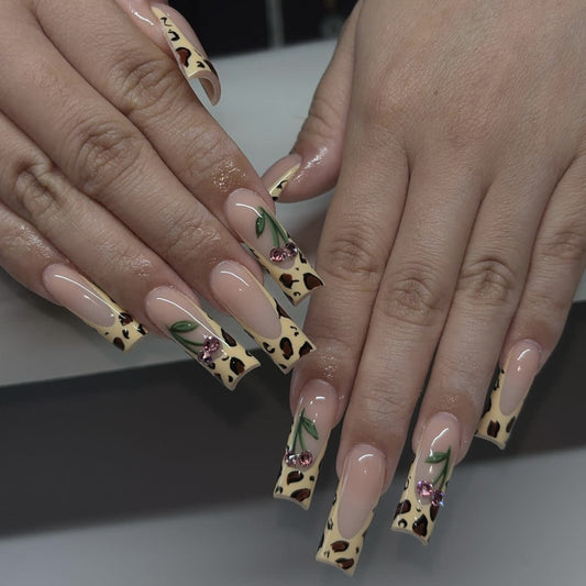 Wild Safari Long Square Square Yellow Tan Press On Nail Set with Floral and Gemstone Accents