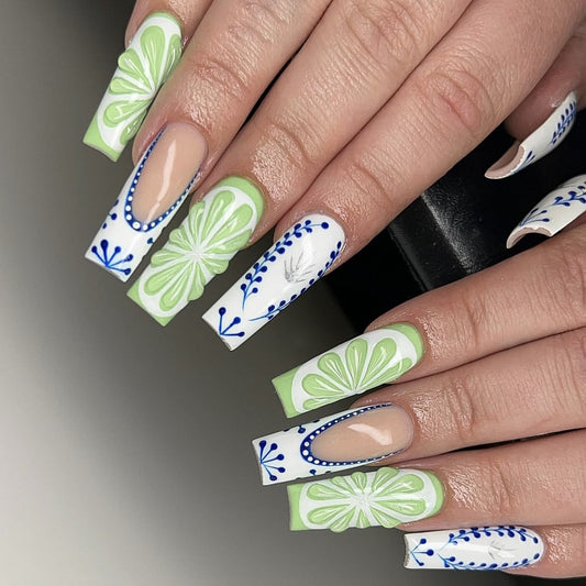 Floral Breeze Long Square Press On Nails Green and White with Intricate Floral Designs