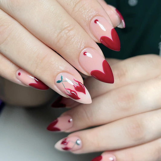 Floral Love Heart Almond Shaped Long Red and Pink Press On Nail Set with Unique Floral Design