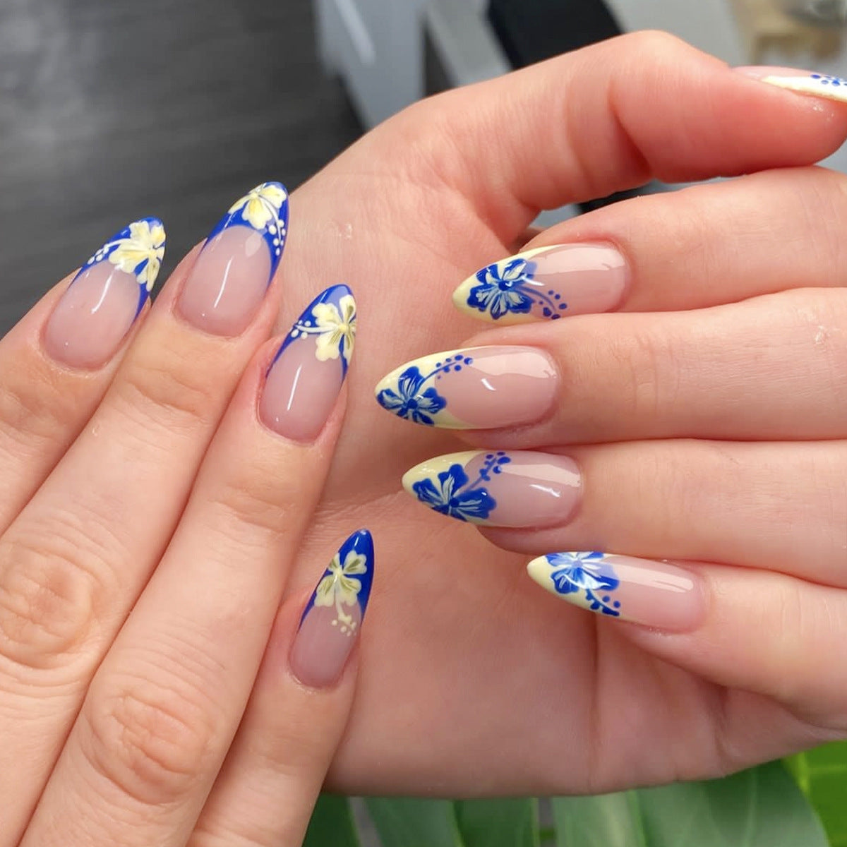 Tropical Bloom long almond blue and yellow floral press on nail set