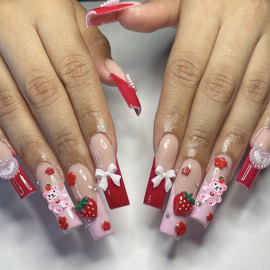 Fruit Fiesta Long Square Red and Pink Press On Nail Set with Adorable Strawberry and Bow Accents