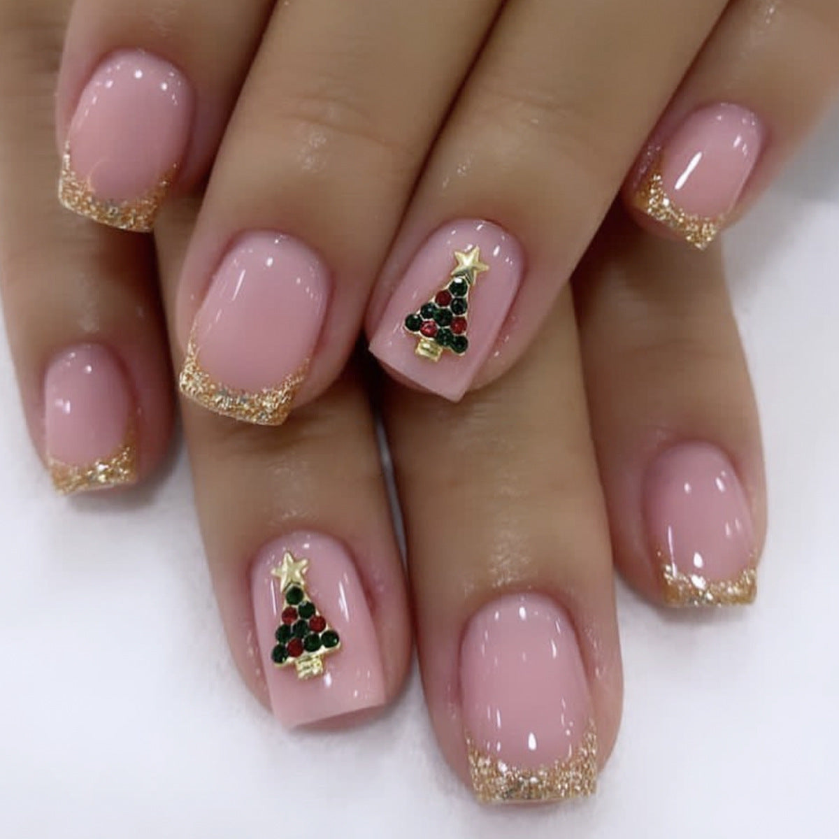 Holiday Joy Medium Square Pink Glam Press On Nail Set with Gold Glitter and Christmas Tree Design