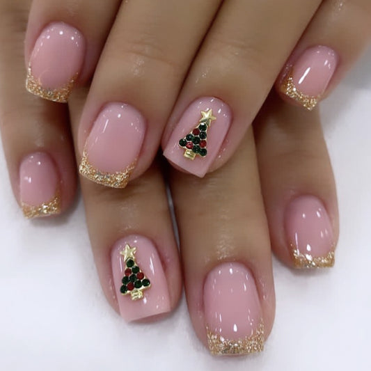 Holiday Joy Medium Square Pink Glam Press On Nail Set with Gold Glitter and Christmas Tree Design