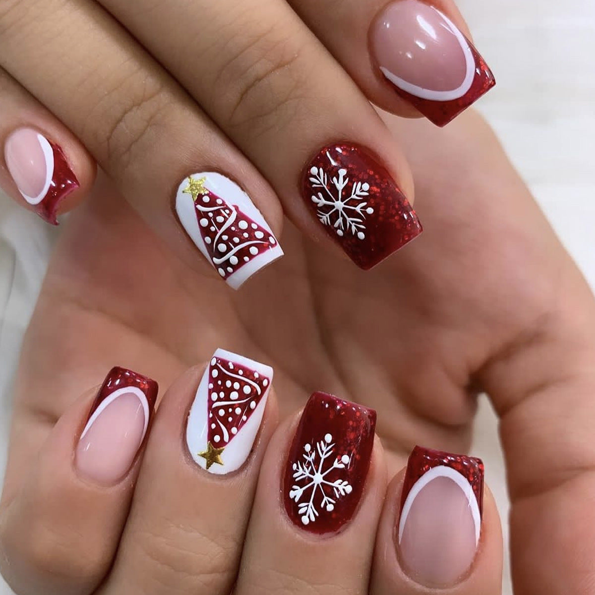 Festive Winter Wonderland Square Press On Nail Set Medium Red and White with Glittering Christmas Tree and Snowflake Designs