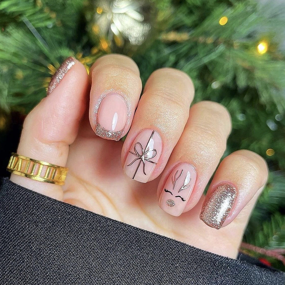 Festive Winter Wonderland Medium Square Beige Sparkle Press On Nail Set with Reindeer and Bow Designs