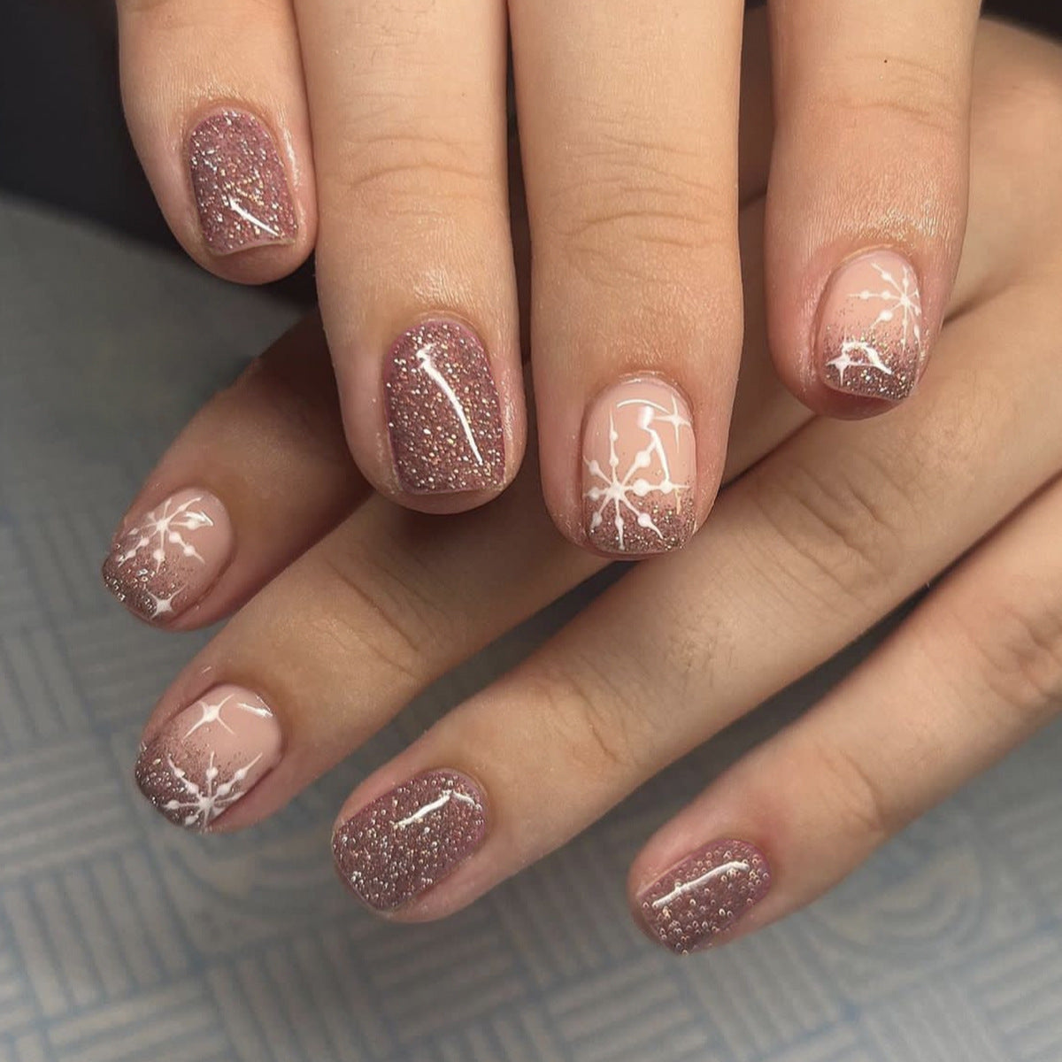 Sparkling Winter Bliss Short Square Rose Gold Glitter Press On Nail Set with Delicate Snowflake Design