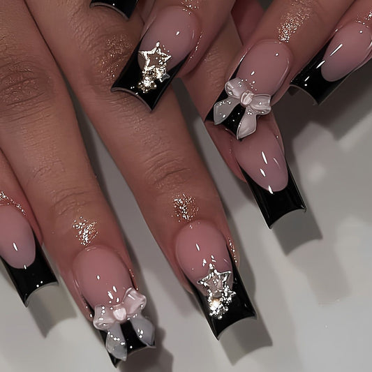 Starry Night Glam Long Square Press On Nail Set in Black and Beige with Glitter and Bow Accents