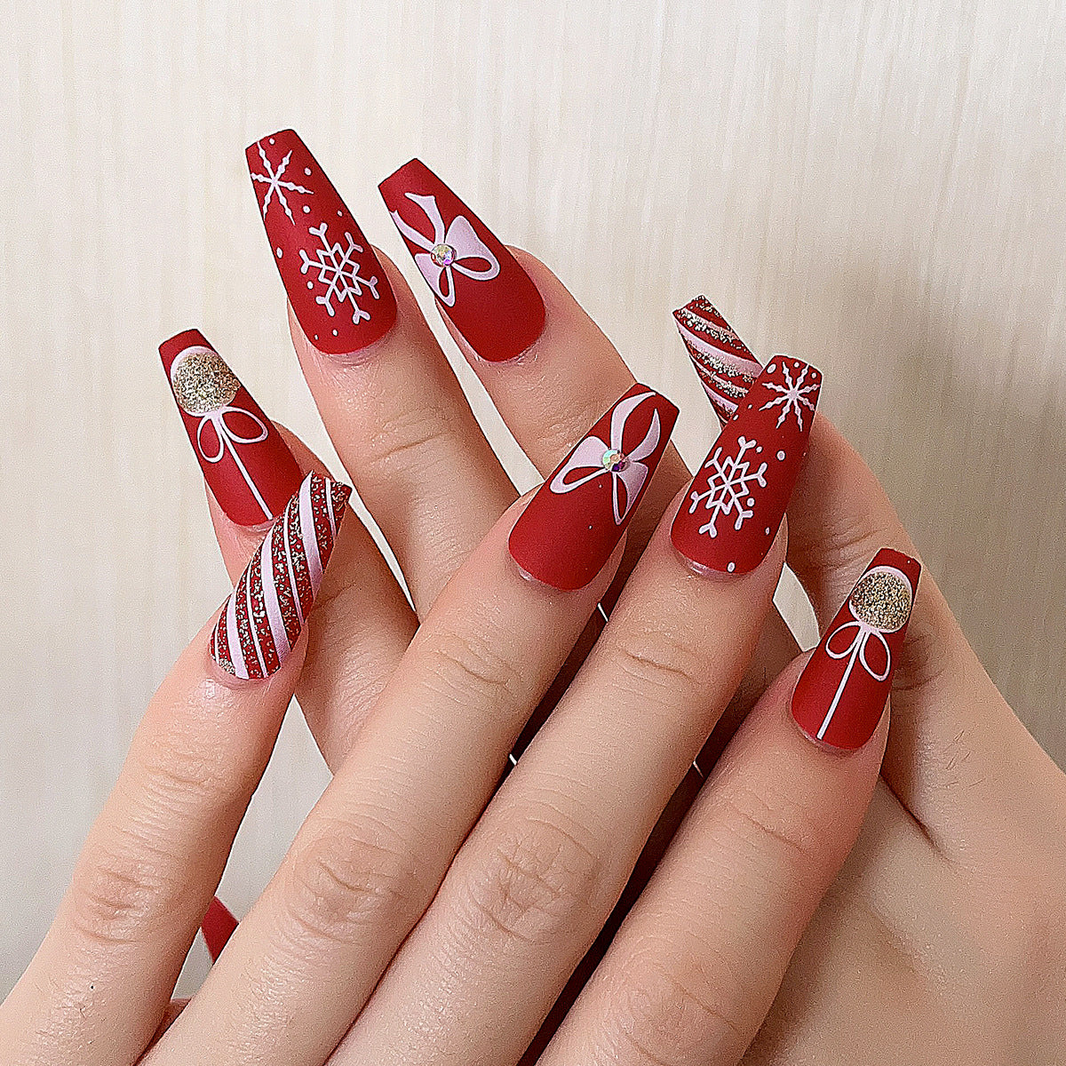 Holiday Magic Long Coffin Red Press On Nail Set with Glitter and Snowflake Design