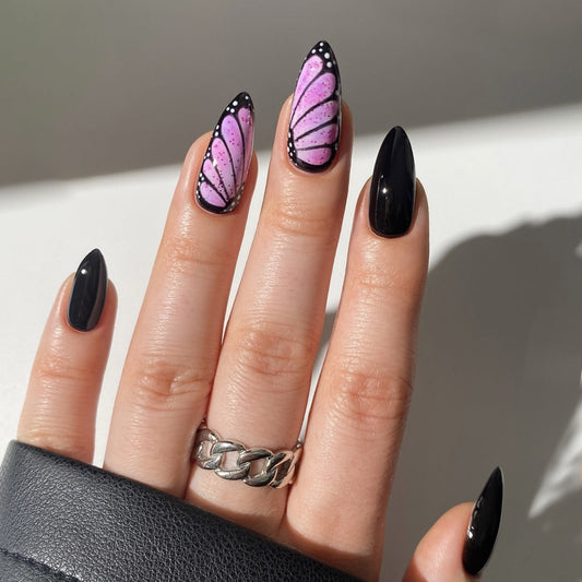 Butterfly Fantasy Long Almond Pink and Black Press On Nail Set with Intricate Wing Design