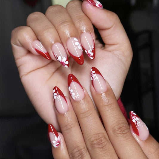 Tropical Romance Long Almond Red with Floral Accents Press On Nail Set