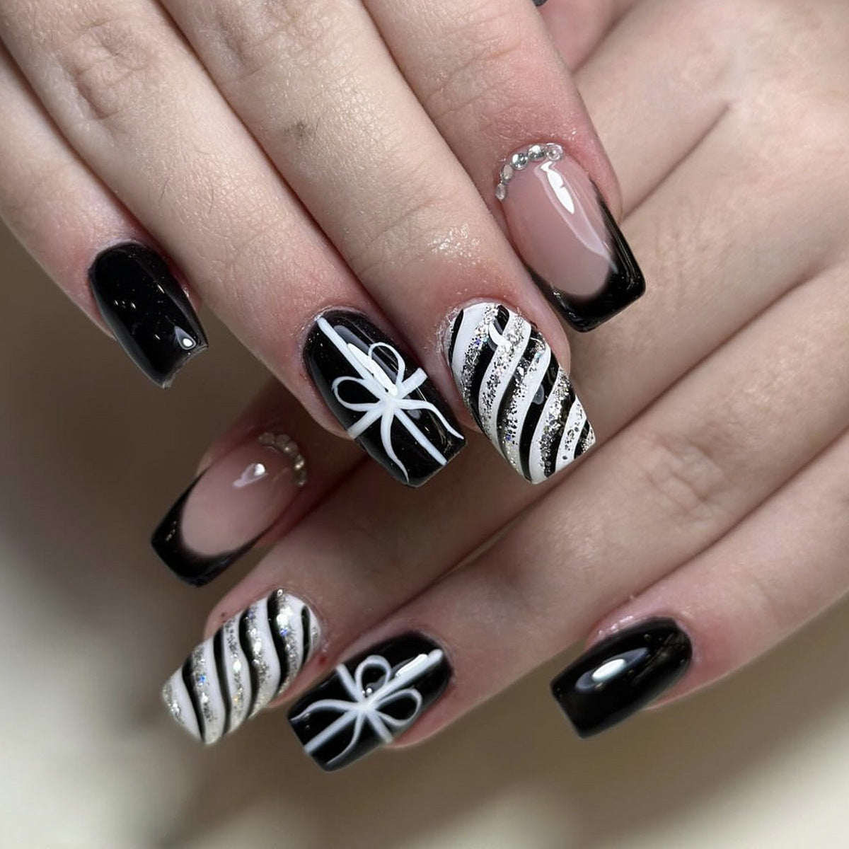 Chic Celebration Long Square Black and White Color Block Press On Nail Set with Glitter and Bow Designs