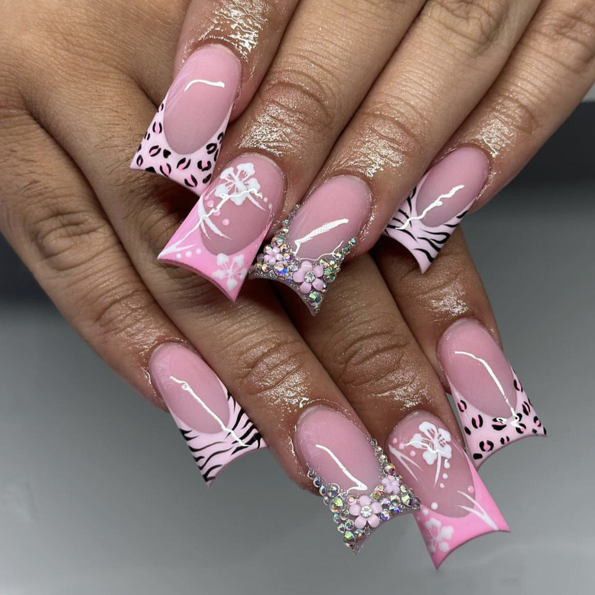 Wildflower Dreams Long Duck Pink Press On Nail Set with Glitter and Floral Designs