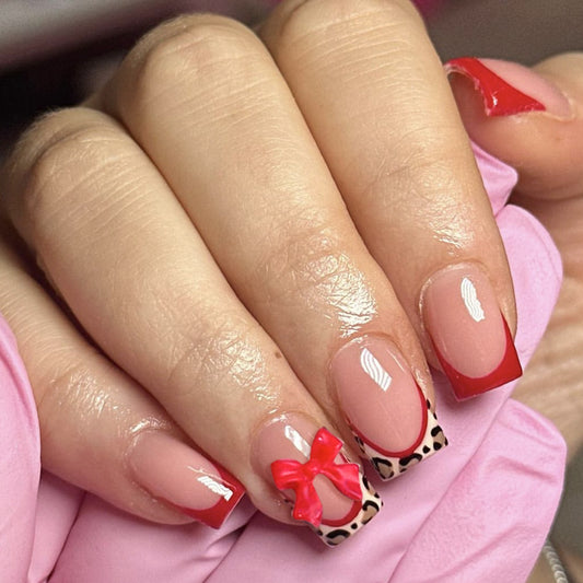 Chic Leopard Print Medium Square Pink and Red Press On Nail Set with Bow Detail