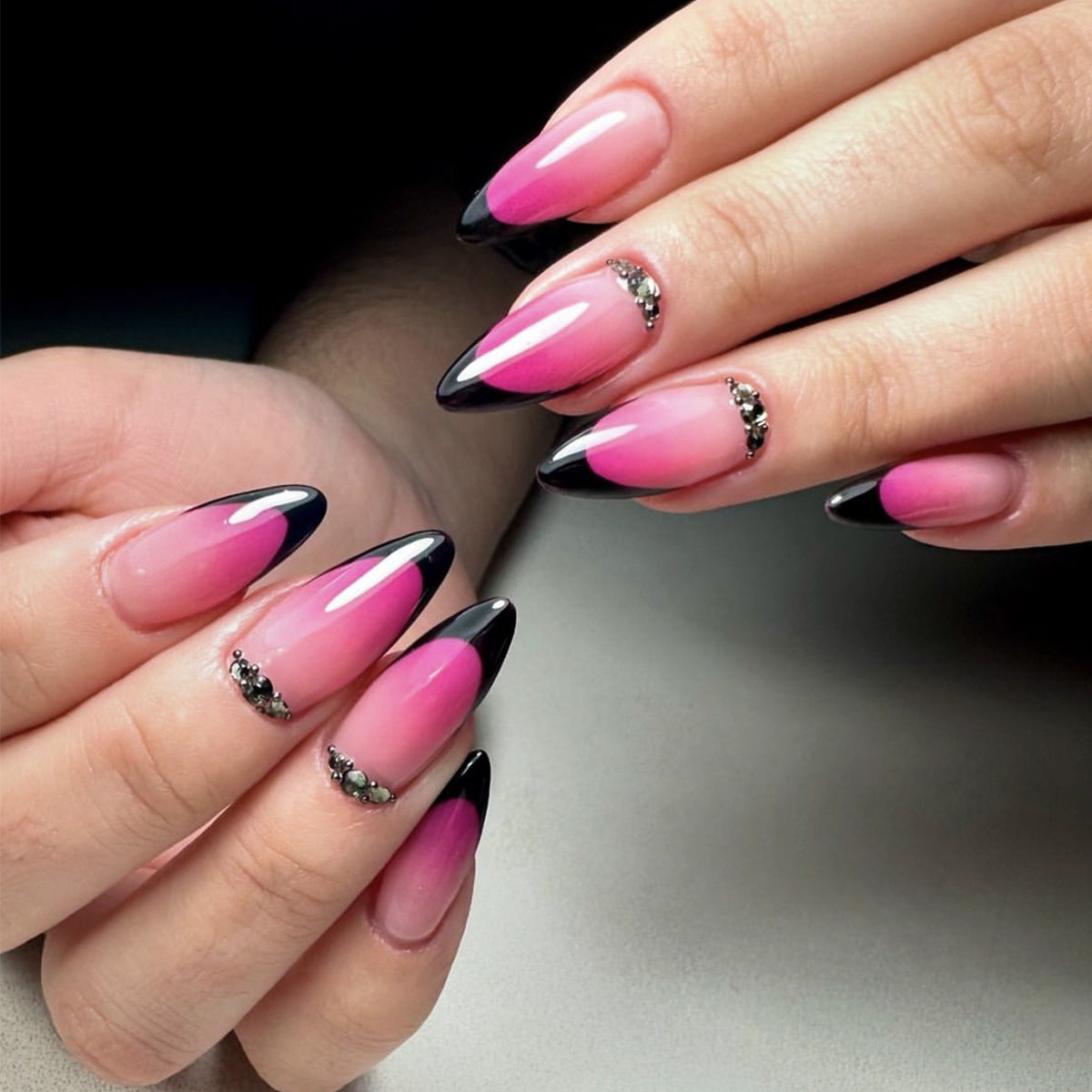 Glamorous Sunset Long Almond Pink Ombre Press On Nail Set with Black Tips and Rhinestone Accents