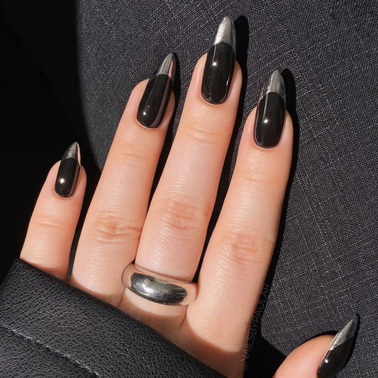 Chic Noir Long Almond Black Press On Nail Set with Metallic Silver Tips