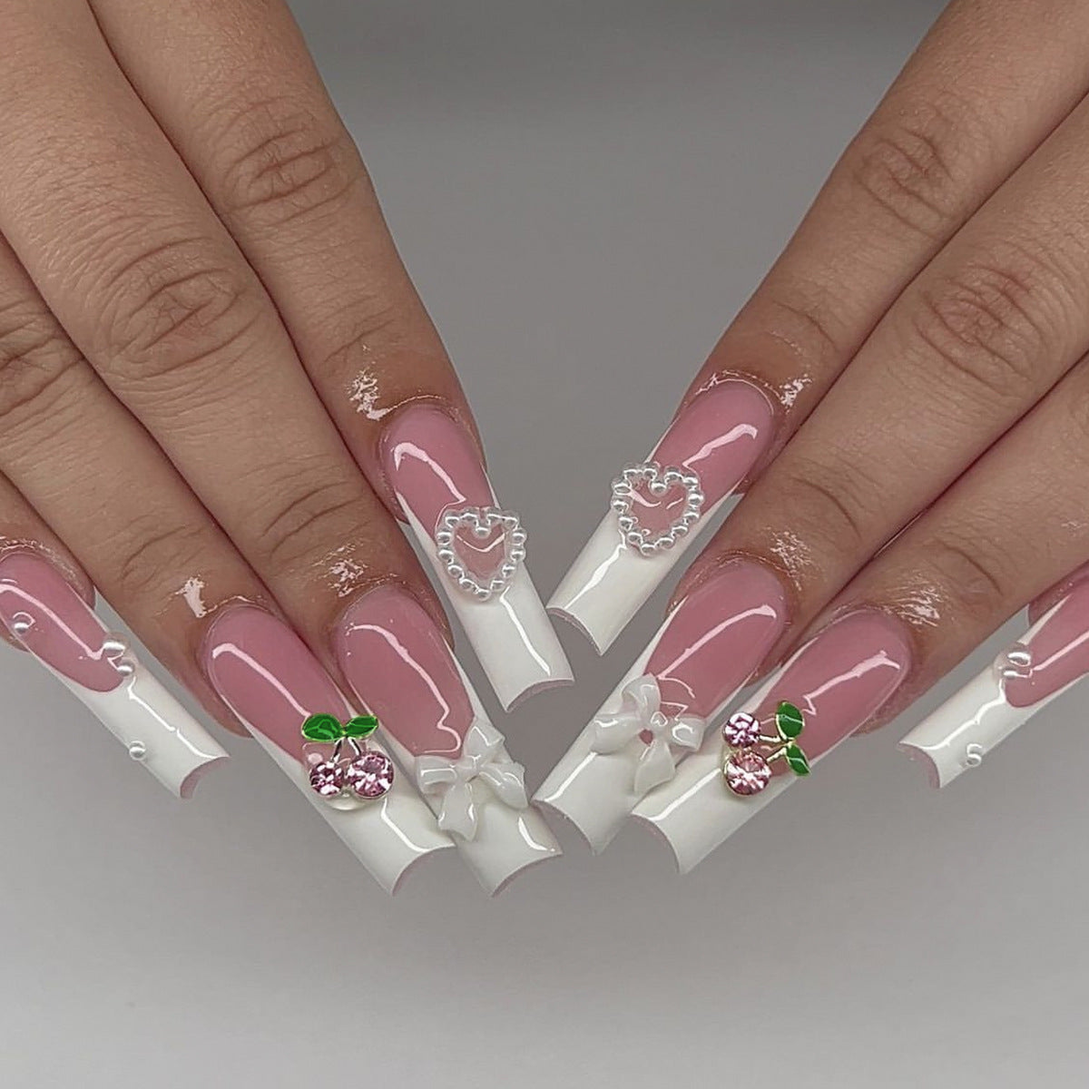 Charming Garden Pink and White Long Square Press On Nail Set with Adorable Floral and Heart Accents