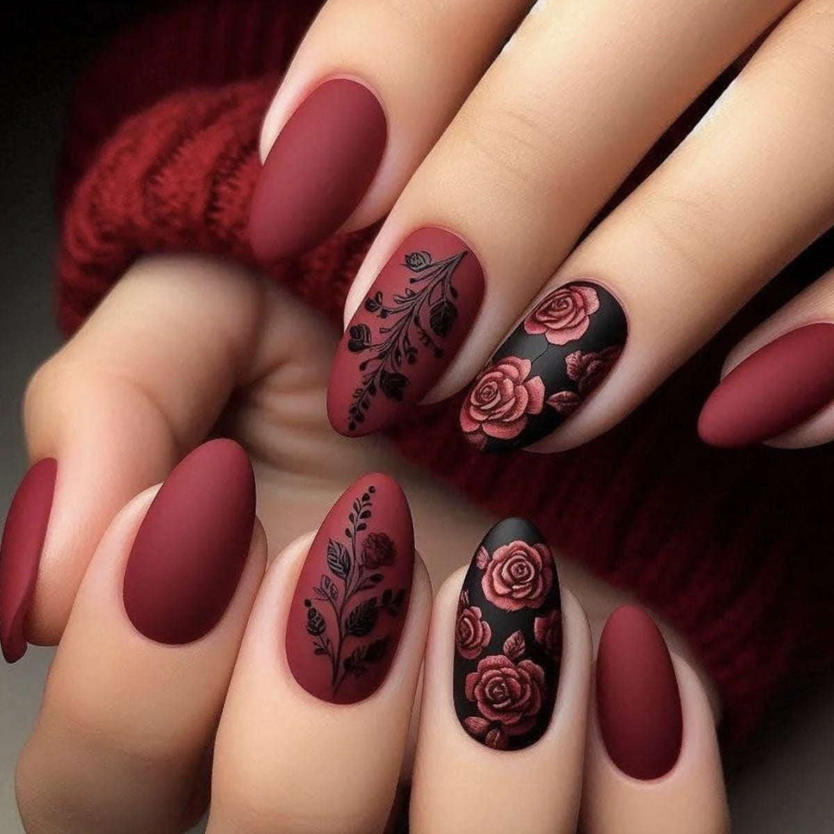 Romantic Floral Elegance Short Almond Matte Burgundy Press On Nail Set with Intricate Rose Artwork