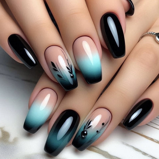 Elegant Ocean Breeze Medium Coffin Gradient Black and Teal with Unique Floral Design Press-On Nail Set