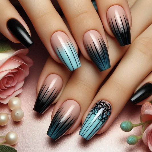 Elegant Rose Garden Medium Coffin Ombre Black and Aqua Gradient with Floral Accent Press on Nail Set