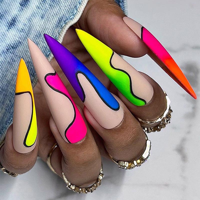 Neon Dream Long Stiletto Press On Nail Set Bright Multicolor with Artistic Wave Design