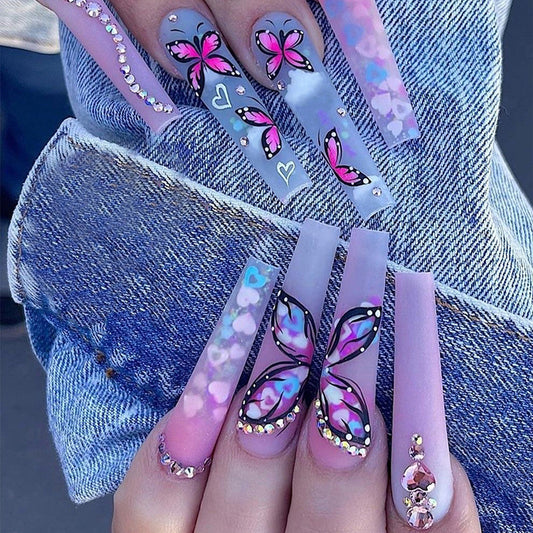 Butterfly Dreams Extra Long Coffin Press On Nail Set in Pink and Purple with Stunning Butterfly Design and Gem Accents