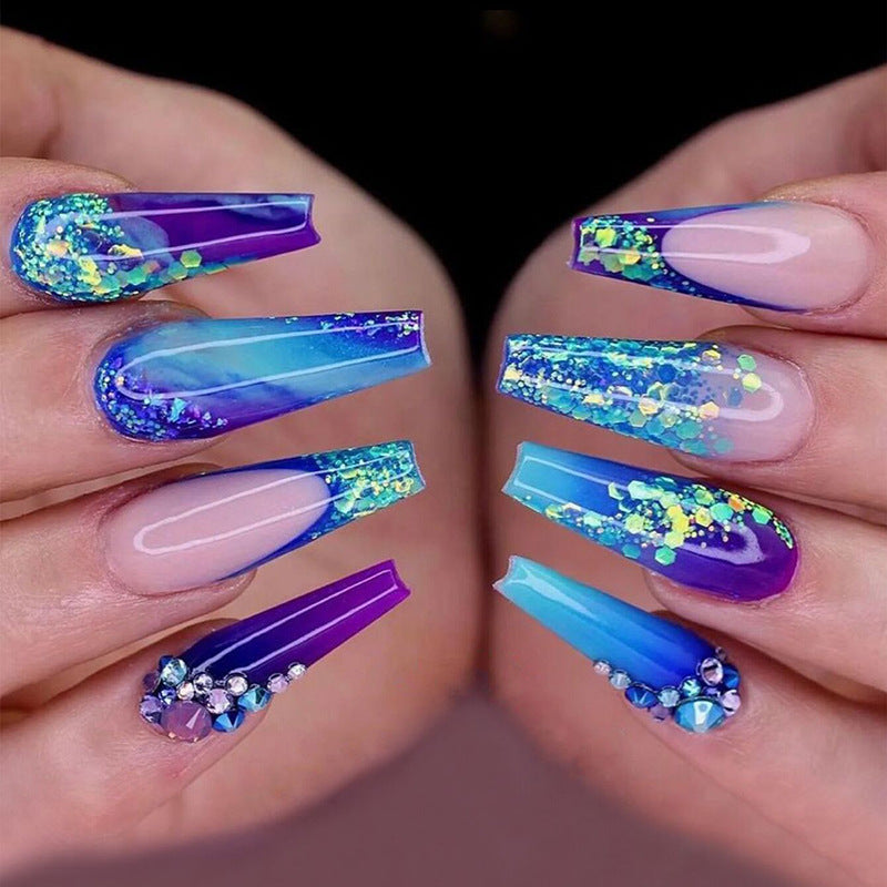 Ocean Dream Long Coffin Press On Nail Set in Gradient Purple and Blue with Glitter and Rhinestone Accents