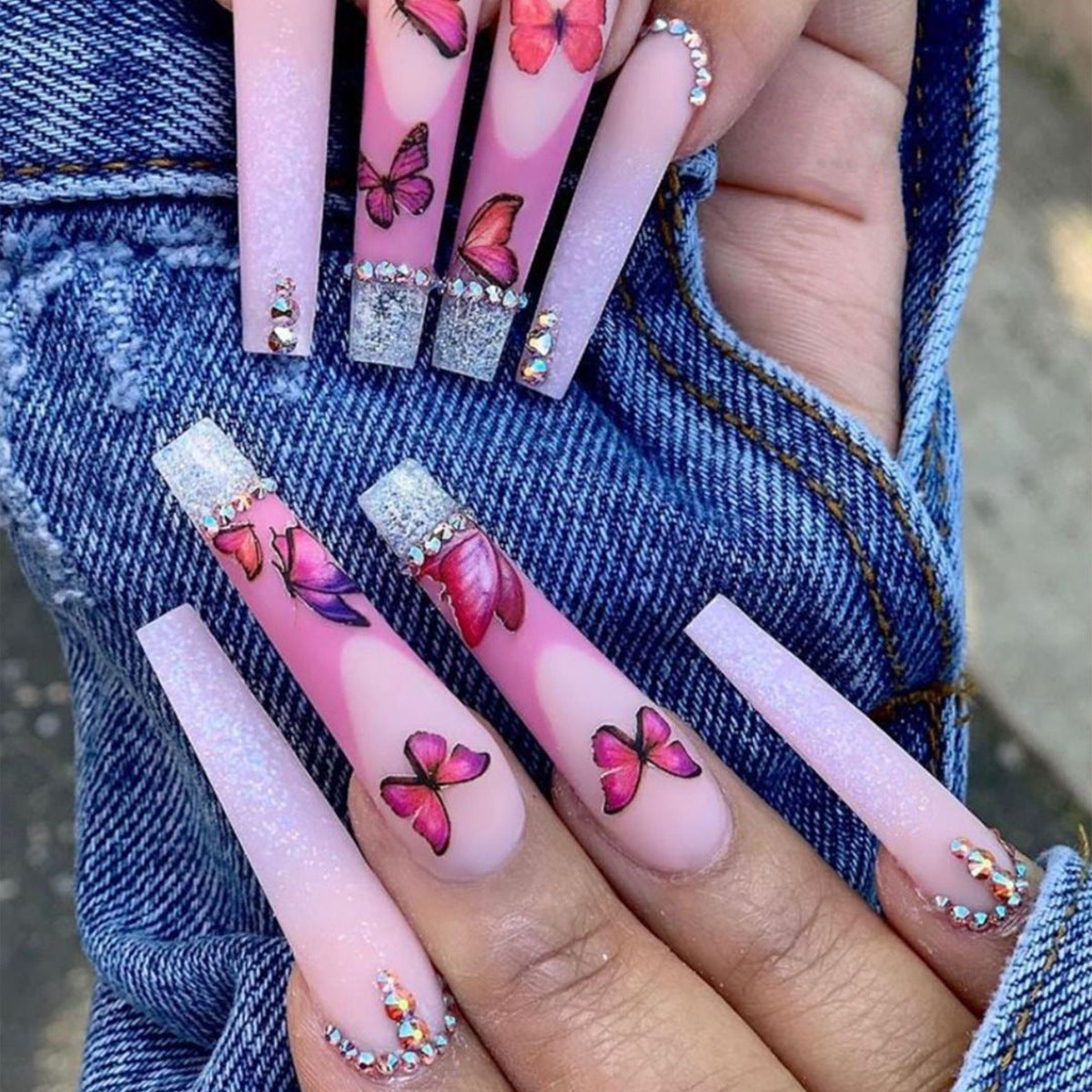 Butterfly Dream Long Coffin Pink Ombre Press On Nail Set with Glitter Accent and Floral Design