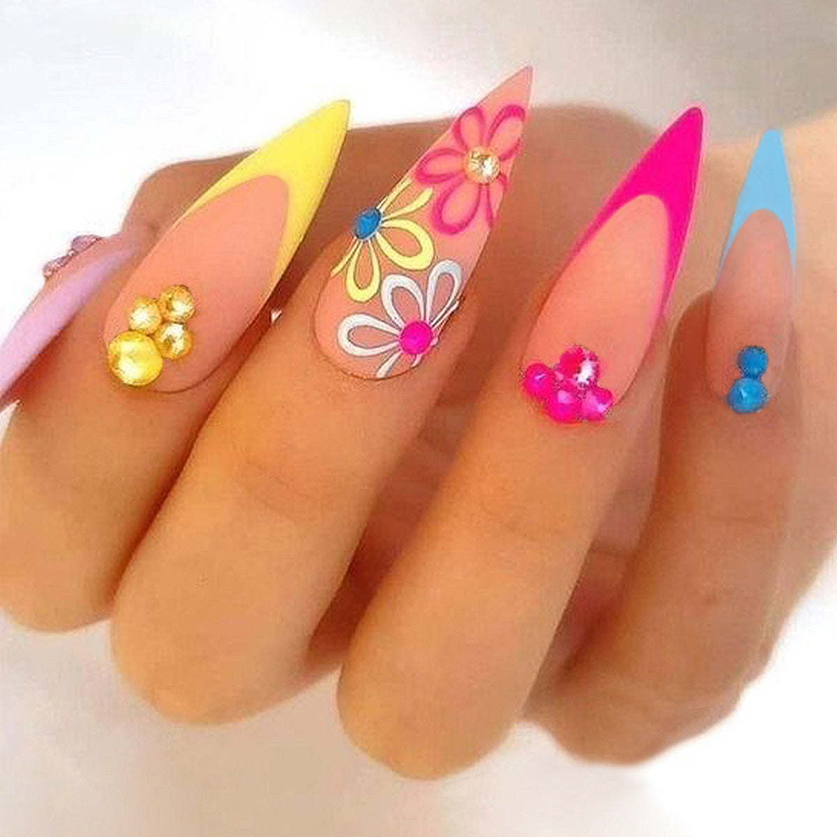 Flower Power Long Stiletto Press On Nail Set in Pastel Pink Yellow Blue and Vibrant Floral Accent Design