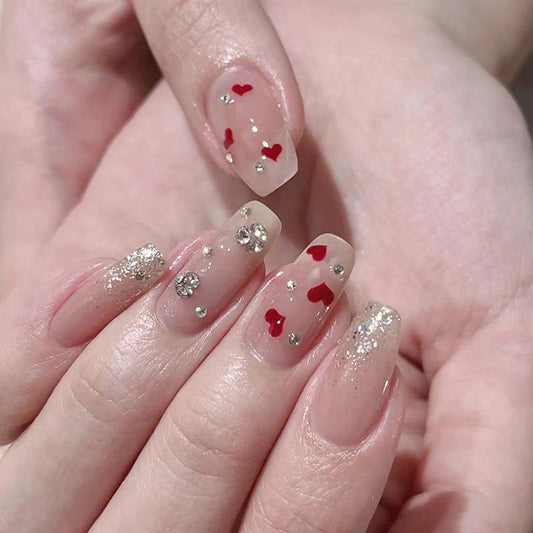 Romantic Hearts Round Shape Long Length Transparent Color with Red Heart Accents and Sparkling Gems Press On Nail Set