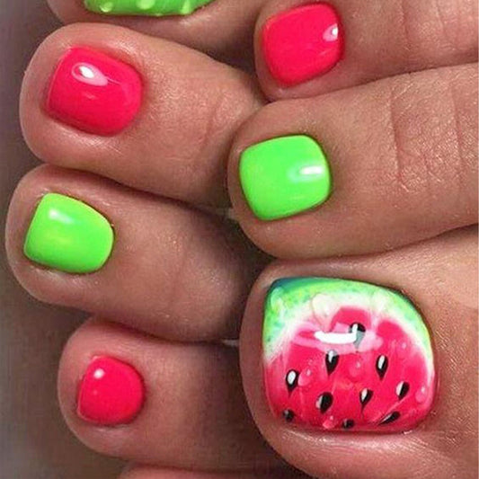 Tropical Paradise Square Short Colorful Press On Nail Set with Watermelon Art Design