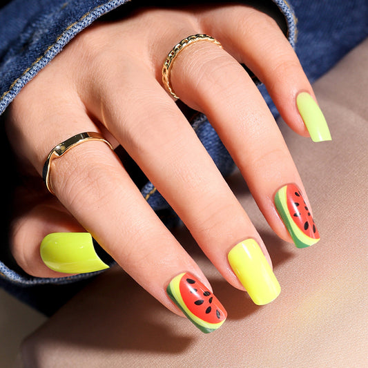 Summer Vibes Long Square Yellow and Watermelon Design Press On Nail Set for Fun and Festive Looks