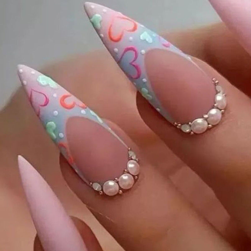 Sweetheart Dream Acrylic Stiletto Press On Nails Long Colorful with Heart Design and Pearl Accents