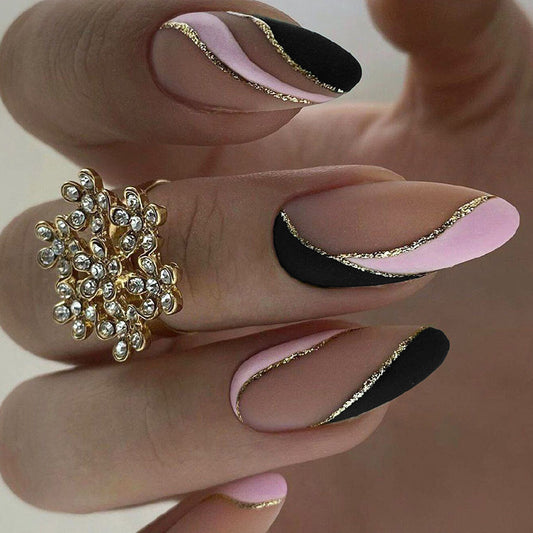 Chic Elegance Long Almond Black Pink Matte Press On Nail Set with Gold Foil Accents