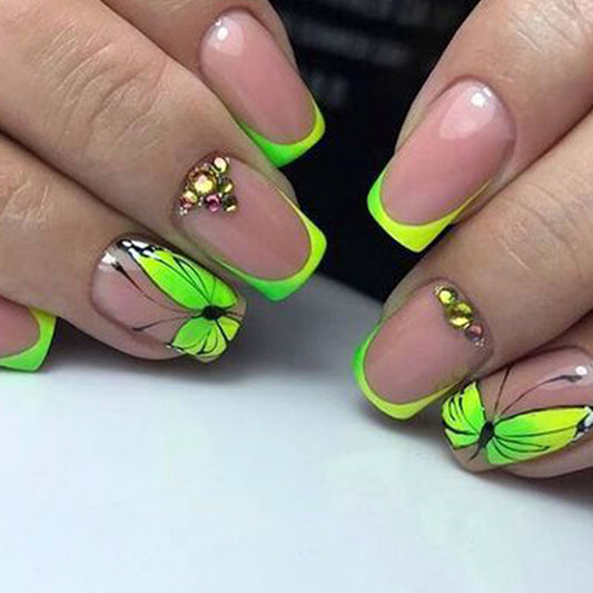 Butterfly Garden Long Square Neon Green Press On Nail Set with Floral Art and Gemstone Accents