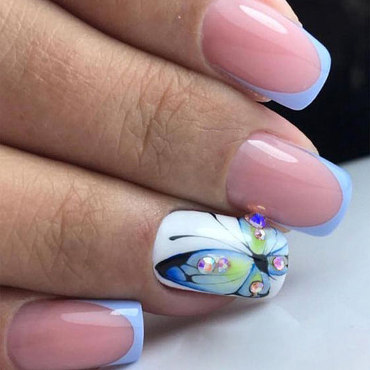 Butterfly Dreams Long Square Blue Ombre Press On Nail Set with Floral Accent and Rhinestone Details